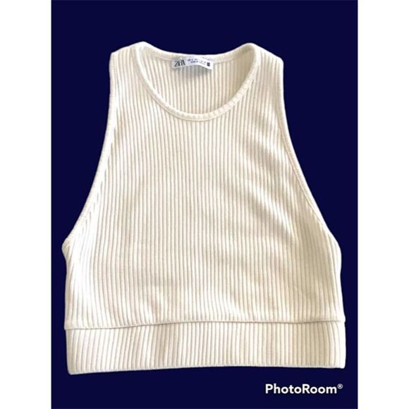 Zara Tops - Zara Women's Ivory Ribbed Cropped Top Tank Sleeveless Size S